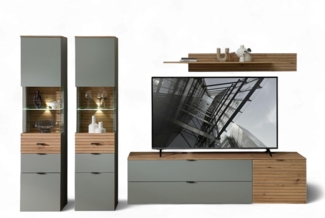 Stella Trading INA Wohnwand Komplett-Set in Schilfgrün, Artisan Eiche Optik FSC-Zertifiziert - Moderne Schrankwand 5-teilig mit LED-Beleuchtung für Ihr Wohnzimmer - 320 x 200 x 44 cm (B/H/T)