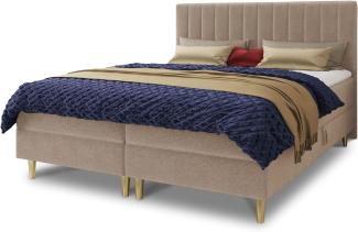 Boxspringbett Gold mit 2 Bettkästen und Topper - Doppelbett, Bonell-Matratze, Polsterbett, Bett mit Matratzentopper, Schlafzimmer, Velours Stoff (Beige (Manila 02), 140 x 200 cm)