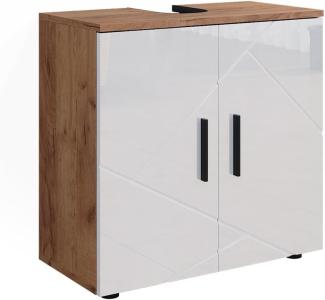 Vicco Waschtischunterschrank Waschbeckenunterschrank Irma Eiche Weiß Hochglanz modern 60x59 cm Badezimmer Schrank Badschrank Badkommode Badmöbel 2 Türen