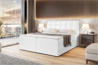 MEBLINI Boxspringbett DRAGO 160x200 cm mit Bettkasten - H4/Weiß Kunstleder Polsterbett - Doppelbett mit Topper & Taschenfederkern-Matratze