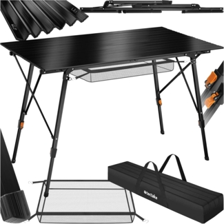 tectake® Campingtisch, Klapptisch aus Aluminium, aufrollbare XXL Tischplatte, Campingtisch faltbar, Reisetisch, Gartentisch, wetterfest, höhenverstellbare Beine, Tragetasche, 120x70,5 cm - schwarz
