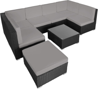 tectake XXL Polyrattan Lounge, Gartenmöbel Set, Sitzgruppe, Balkon Möbel mit 6 Sitze 1 Tisch 1 Hocker, inkl. Sitzkissen, Gartenlounge Outdoor, wetterfest, für Garten, Balkon, Terrasse - schwarz/grau