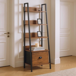 FurnitureR Hochschrank Leiterstil 42 x 29 x 141 cm, 5 Ebenen mit Stoffschublade, 12 mm Holzplatten & 20 mm Metallrahmen, 7,5 cm Rückwand, Eleganter Wohnzimmerschrank im Landhausstil