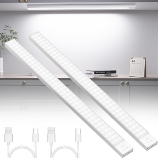 OUILA Unterbauleuchte Küche LED 2 Stück 60CM Schrankbeleuchtung Batterie 5000mAh USB Wiederaufladbar Magnetische Lampe Kabellos Schranklicht mit Bewegungsmelder für Schlafzimmer, Werkstatt (Weiß)