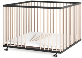 Sämann Laufstall Baby mit 3 Schlupfsprossen | TÜV geprüft | stufenlos höhenverstellbar | Laufgitter Premium | Babybett aus Holz | Krabbelgitter (schwarz/natur, 100x100 cm)