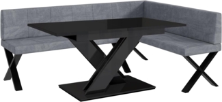 MEBLINI Eckbank für Esszimmer mit ausziehbarem Tisch - Küchenbank - Essecke - Sitzecke Küche - PETER - X-Beine 142x196x87cm Rechts - Grau Samt/B Schwarz Hochgl.