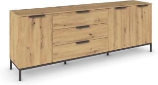 Rauch Möbel Flipp, Sideboard, TV-Schrank, Kommode mit Stauraum, mit Metallkufe graphit, Eiche Artisan, 3-türig, Glastüren, 3 Schubkästen, Griffe graphit, 199 x 72 x 42 cm