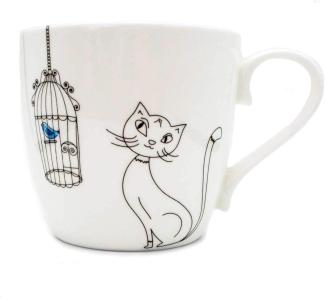 Könitz Cats and Birds Becher, Kaffeebecher, Kaffeetasse, Kaffee Tasse, Teetasse, Porzellan, Weiß / Schwarz, 425 ml, 11 2 057 2298