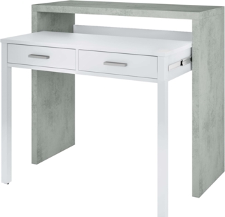 Ausziehbarer Konsolenschreibtisch mit zwei Schubladen, Betonfarbe und Deckweiß, Maße 98 x 87 x 36 cm (ausziehbar bis 66 cm)