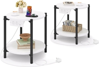 IRONCK Beistelltisch rund, Couchtisch mit Steckdose, Kleiner Tisch Holz, Wohnzimmertisch 2 Ablagen,Sofatisch,USB & Type-C-Anschluss, Metallrahmen, Nachttisch für Schlafzimmer (Weiß, 2 Stücke)