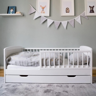 Kinderbett 140x70 mit Matratze, Lattenrost, Schublade und Raufallschutz Vollholz in weiß - 70x140 perfekte Größe nach Gitterbett Babybett