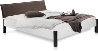 Möbel-Eins LUKY Bett Metallfuß, mit Polsterkopfteil, Material Massivholz, Fichte massiv weiss 90x200 cm Stoff Braun