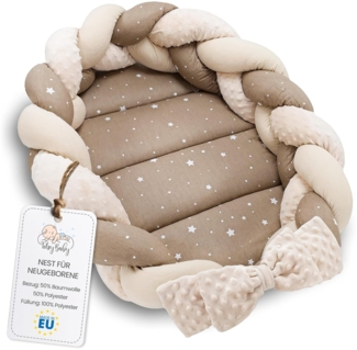 Babynest Neugeborene Nestchen Baby 75x45 cm – Plüschstoff Kuschelnest mit Zopf Kissen zerlegbares Set zweiseitig Babynestchen Babybett Beige mit Weiß Sternen