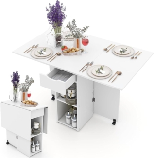 Shally Dogan Klappbarer Esstisch mit Rollen, zusammenklappbar, mit 2 Ablagen und 1 Schublade, modernes Design, vielseitig einsetzbar, ideal für Zuhause, Büro, 120 x 77 x 75 cm (weiß)
