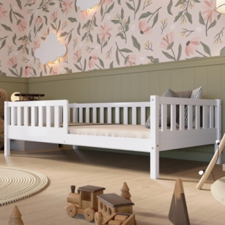 Crazy Pine Kinderbett 190x100 cm – Hohes Montessori Bodenbett aus Holz in Weiß mit Rausfallschutz – Sicheres Kleinkindbett – Skandinavisches Design, Leichte Montage - Crazy Basic