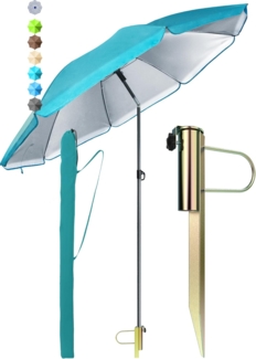 Menz Sonnenschirm Strand Ø 180 cm in Türkis, 3er Set – Strandschirm windfest stabil + Schirmhülle + Rasendorn Sonnenschirmhalter, UPF 50+ Sonnenschirm mit Rasendorn für Garten, Schirmspieß