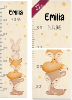 Messlatte Kind Holz - Tiere - Kindermesslatte süße Tierchen Hase Fuchs Reh mit Name und Datum I Waldtiere - 90-150 cm - Holz - kinder 160 tier baby meßlatte mädchen größe eichhörnchen