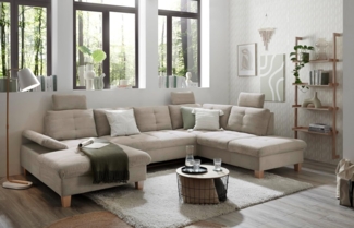 Wohnlandschaft Ascot mit Cord-Bezug und Schlaffunktion in Hellbraun, U-Form inkl. Kopfstützen, Bettkasten und Verstellbarer Armlehne - 324 x 107 x 218 cm (B/H/T)