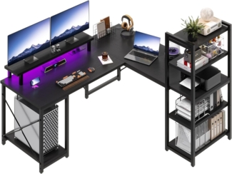 Devoko Gaming Tisch 140×140cm, Schreibtisch l Form mit LED, Schreibtisch mit Regal, Bürotisch mit USB-Ladeanschluss & Steckdose, Eckschreibtisch mit Monitorständer, Schwarz