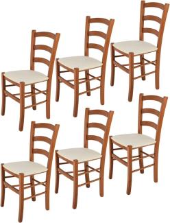 Tommychairs - 6er Set Stühle Venice für Küche und Esszimmer, Struktur aus lackiertem Buchenholz im Farbton Kirschholz und gepolsterte gepolsterte Sitzfläche mit Stoff in der Farbe Elfenbein bezogen