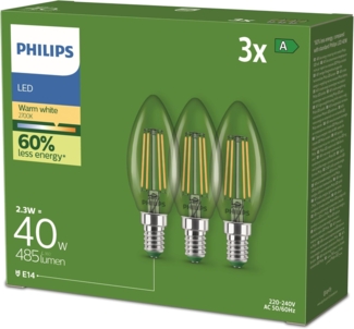 PHILIPS Classic ultraeffiziente LED-Lampe mit Energieeffizienzklasse A, ersetzt 40W, E27 Sockel, Kerze, klar, warmweißes Licht (2700K), 3er Pack, neue Generation, Warmweiß