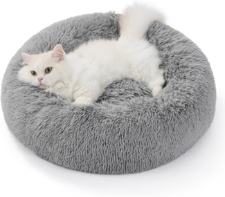 BEDSURE Hundebett waschbar Flauschiges Katzenbett - Ø 50 cm Donut Kissen, Katzenschlafplatz für Katzen Kleine Mittelgroße Hunde, Plüsch Katzenkissen Rund Kuschelbett, Hellgrau