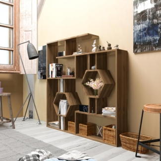 Modern Walnut Bookshelf, 134 x 134 x 22 cm | 100% Melamine Coated Particle Board, 18 mm Thick | Wall-Mountable, Stylish Storage Solution for Home & Office