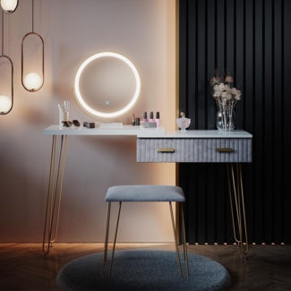 Vicco Schminktisch Frisiertisch Schminkkommode Zoey Weiß Grau LED-Spiegel Design-Hocker 120x76 cm modern Schlafzimmer Kommode Schublade Ablage Aufbewahrung Touch-Switch Kosmetiktisch Make-Up-Tisch