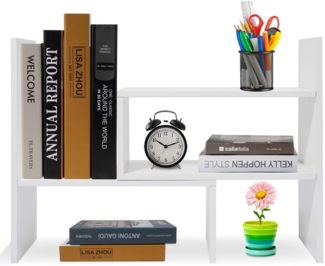 Hossejoy Bücherregal, Einstellbar Standregal Bücherregal, Bücher Halter für Regal, Erweiterbar Standregal Holzregal aus Holz für Büro, Wohnzimmer (Weiß)