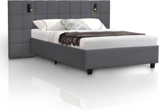 Juskys Polsterbett 140x200 cm Luzano - Bett mit LED, Matratze, Lattenrost & Kopfteil - Modernes Bettgestell aus Holz & Samt - Doppelbett - Dunkelgrau