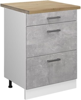 Vicco Küchenunterschrank R-Line, Beton/Weiß, 60 cm mit Schubladen, AP Eiche