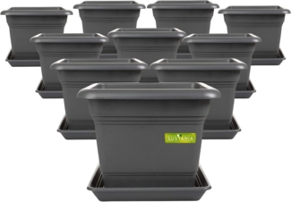 SUSTANIA Blumentopf Pflanzkübel mit Untersetzern (10er Set 28 x 28 x 22 cm), Anthrazit Pflanztopf eckig