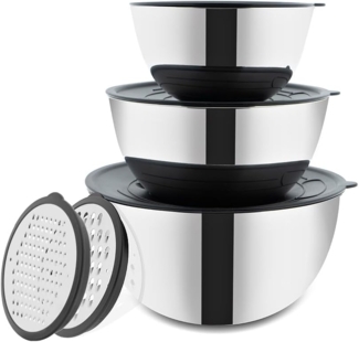 BEM Schüssel Set mit Deckel und Reibe, Edelstahl, (Salatschüssel Teigschüssel Servierschüssel Rührschüssel Metallschüssel, 6-tlg), 3 Größe 1.8L 3.4L 5.5L ineinander stapelbar