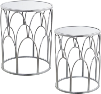 DRW Set mit 2 runden Beistelltischen aus Metall und Spiegel, silberfarben, 42x52 cm und 37x45 cm