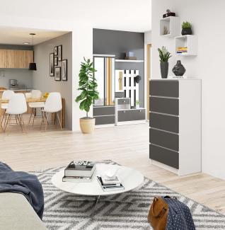 AKORD Kommode K60 mit 5 Schubladen | für das Wohnzimmer Schlafzimmer Schrank Büro Arbeitszimmer | Modernes Funktionales Design | B60 x H121 x T40 cm, Gewicht 39kg | Weiß/Graphitgrau