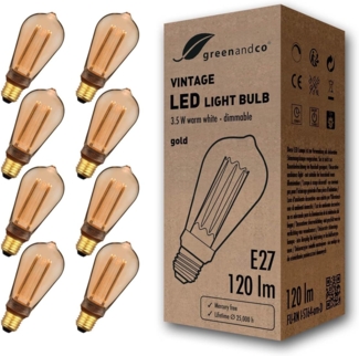 greenandco 8x LED Vintage Glühbirne zur Stimmungsbeleuchtung | dimmbar | E27 ST64 | gold | 3,5W 120lm | 1800K extra warmweiß | 320° | 230V | flimmerfrei | Edison Glühbirne