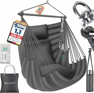 KESSER® Hängesessel Haiti 150kg Traglast, Hängestuhl 360° Drehung, Hängeschaukel Indoor-Outdoor UV-beständig & Wasserfest, Pflegeleicht, Inkl. 2 Kissen, Tragetasche, Flaschenhalter & Montage-Set Anthrazit / Anthrazit
