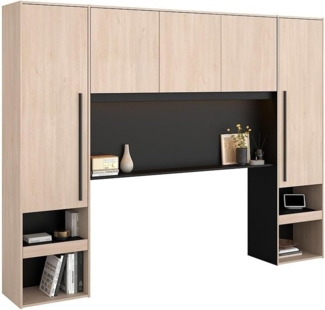 Vente-unique - Bettüberbau mit Stauraum & LEDs - L. 265 cm - Naturfarben & Schwarz - VELONA