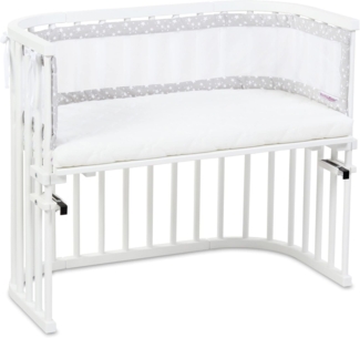 babybay Maxi Beistellbett mit Matratze Classic Cotton Soft, weiß lackiert, mit Nestchen Mesh-Piqué perlgrau Sterne weiß