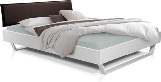 Möbel-Eins LUKY Kufenbett mit Polsterkopfteil, Material Massivholz, Fichte massiv, Kufen weiss weiss 120 x 220 cm Kunstleder Braun