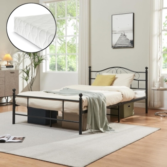 en.casa 'Florenz' Metallbett, Einzelbett 120x200 cm, schwarz, mit Matratze und Lattenrost