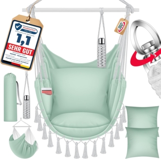 KESSER® Hängesessel mit 2 Kissen Getränkehalter & Bücherfach - Safari XXL Hängestuhl für Erwachsene & Kinder Hängematte bis 150 kg Hängesitz Aufhängung Indoor & Outdoor Wohn & Garten Terrasse Grün / Weiß