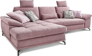 Cavadore L-Form-Sofa Castiel mit Federkern / Großes Schlafsofa mit Bettfunktion, Sitztiefenverstellung, Kopfstützen und XL-Longchair / 312 x 114 x 173 / Webstoff, Flieder-Rosa