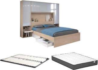 Vente-unique - Bett mit Stauraum + Lattenrost + Matratze - 140 x 190 cm - Mit LED-Beleuchtung - Holzfarben & glänzend weiß - VELONA