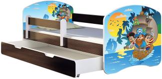 ACMA Kinderbett Jugendbett mit Einer Schublade und Matratze Wenge mit Rausfallschutz Lattenrost II 140x70 160x80 180x80 (21 Piraten, 140x70 + Bettkasten)