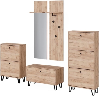 Garderobenset Siri Goldkraft Eiche Set mit Garderoben, Sitzbank und Schuhschränken Vicco