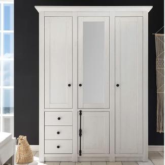 4-türiger Kleiderschrank WINGST-61 mit Spiegel im Landhaus Stil Dekor Pinie weiß Nb. B/H/T ca. 147 x 206 x 64 cm