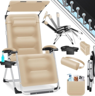 KESSER® Sonnenliege Liegestuhl, klappbare Gartenliege extra breit & Wetterfest, Belastbar 200kg, Ergonomisches Polster, verstellbare Rückenlehne inkl. Nackenkissen, Getränkehalter & Armpolster Beige, Liege (Mit Sonnendach)