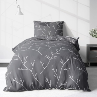 LINKHOFF Wendebettwäsche Biber Bettwäsche 135x200 / 155x220cm - Zweigemuster in Grau Weiß, Anthrazit Zweige 100% Baumwolle Bettwäsche-Set Aesthetic Floral