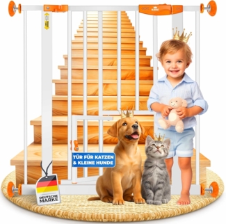 KIDIZ® Türschutzgitter Absperrgitter Treppengitter Kindergitter | mit Türe für Hunde und Katzen , Haustier | ohne Bohren | erweiterbar | kombinierbar mit Y-Spindeln | schwenkbar Orange, 74 - 87 cm